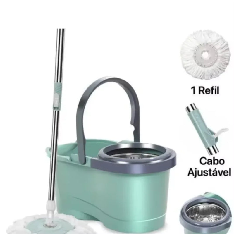MOP Giratório 360º com Balde de 12 Litros e Cesto Inox | Alta Performance na Limpeza Pesada