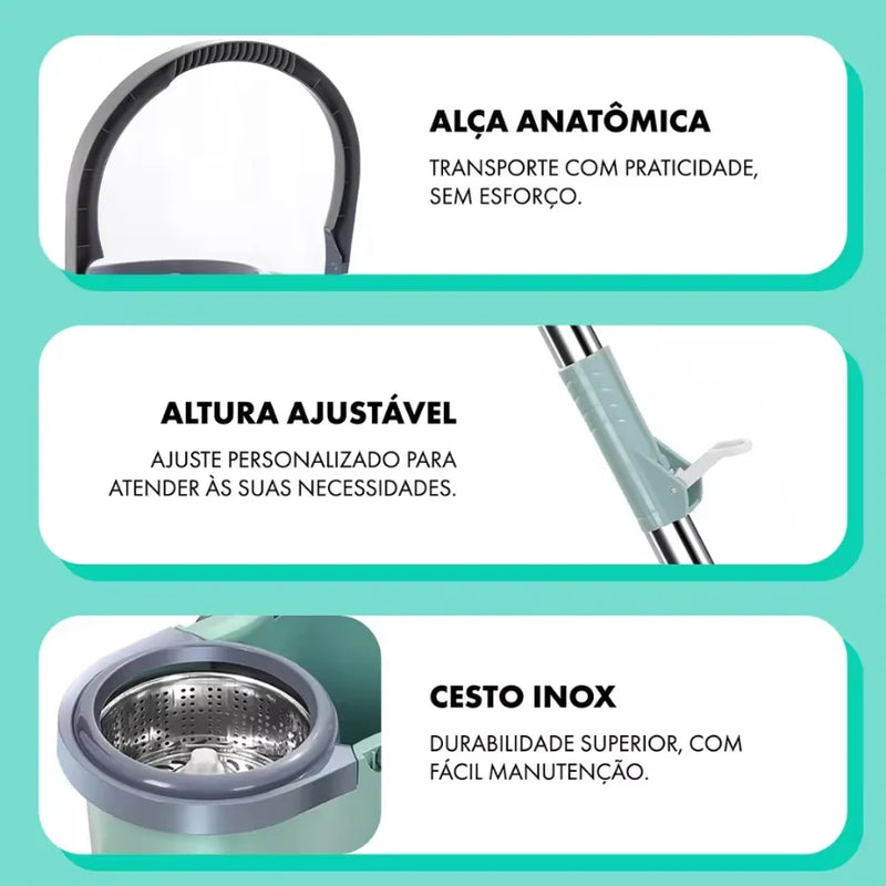 MOP Giratório 360º com Balde de 12 Litros e Cesto Inox | Alta Performance na Limpeza Pesada